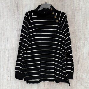 J.Crew Striped Fleece Funnel Neck Button Top Fleece Tunic Black White XL
